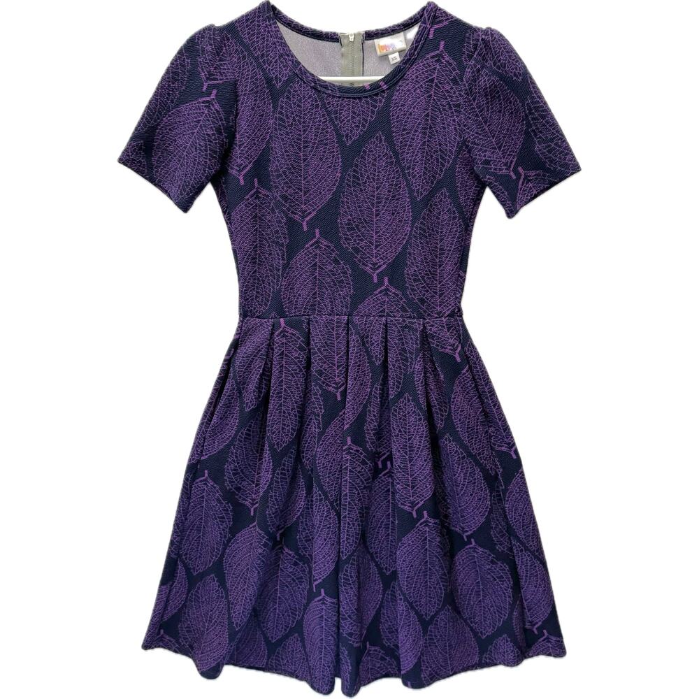 LULAROE Amelia Midi Dress Women's Size XS 2-4 Purple Leaves on Navy Blue